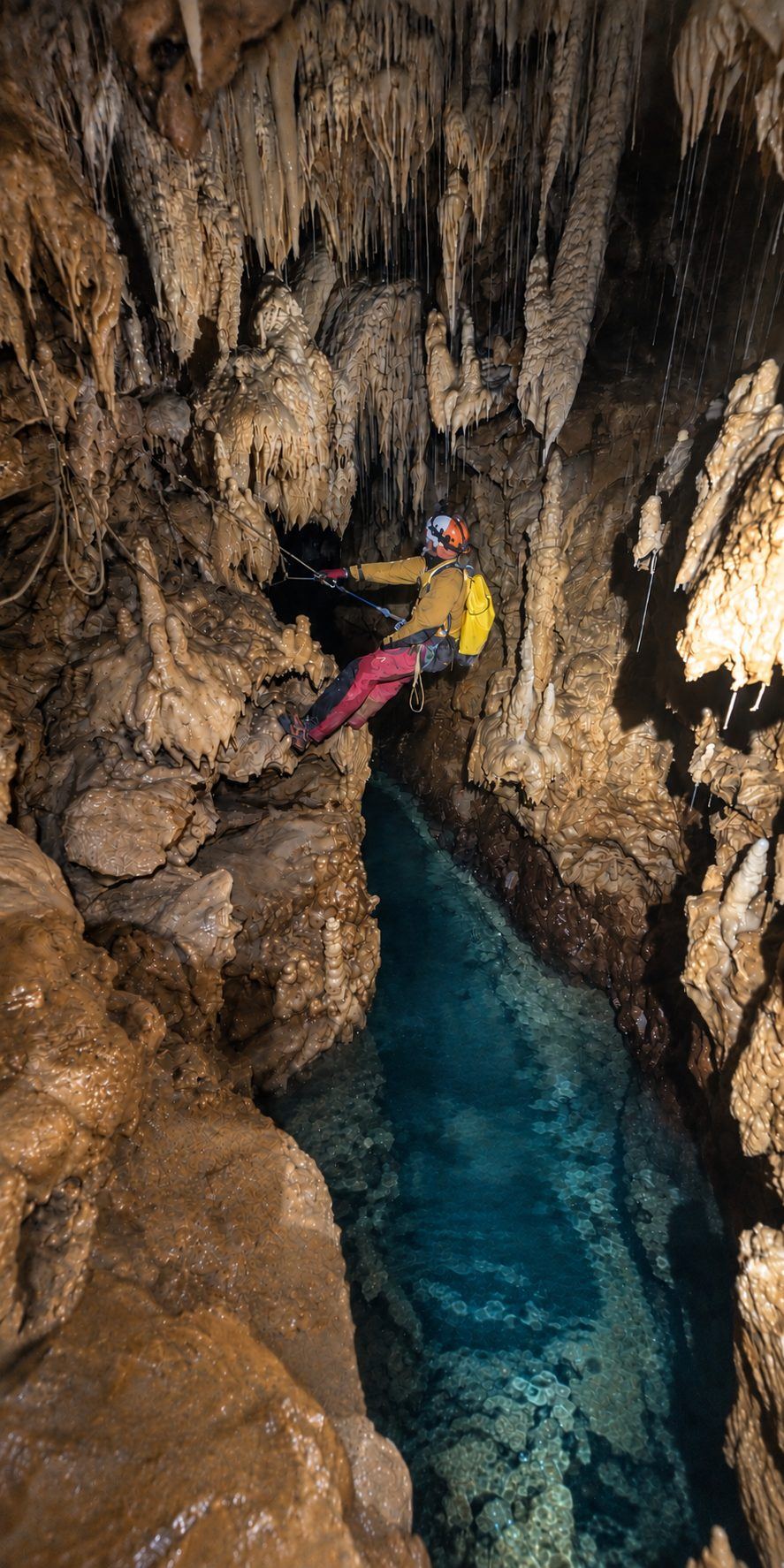 Spéléologue en tyrolienne au-dessus d'un lac souterrain turquoise, entre les concrétions